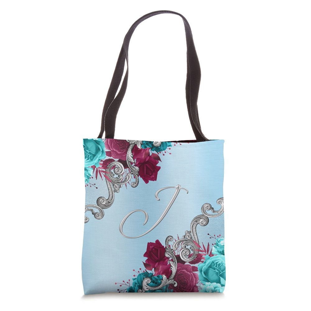Teal And Burgundy Initial Letter J Floral Monogram Roses Tote Bag -_-